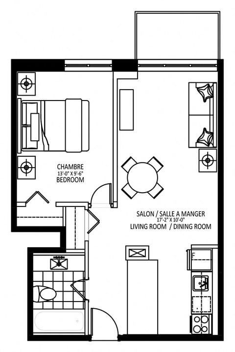 Floor plan for 1 bed, 1 bath, 541 sqft